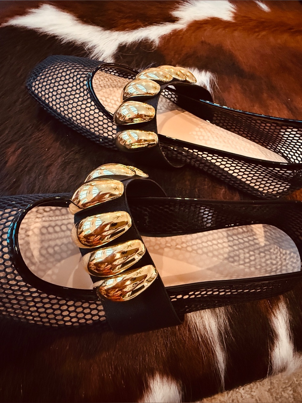 BLACK MESH BALLET FLAT - GOLD METAL BAND - SZ 9.5/41 NEW - Picture 4 of 8